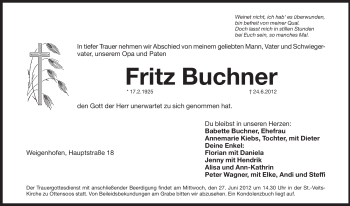 Traueranzeige von Fritz Buchner von Pegnitz-Zeitung